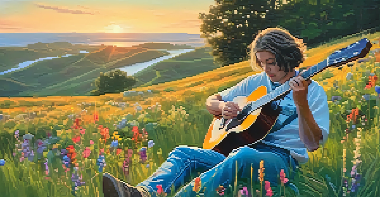 A guitarist sitting on a grassy hill with flowers, playing guitar with a capo on the fourth fret during sunset.