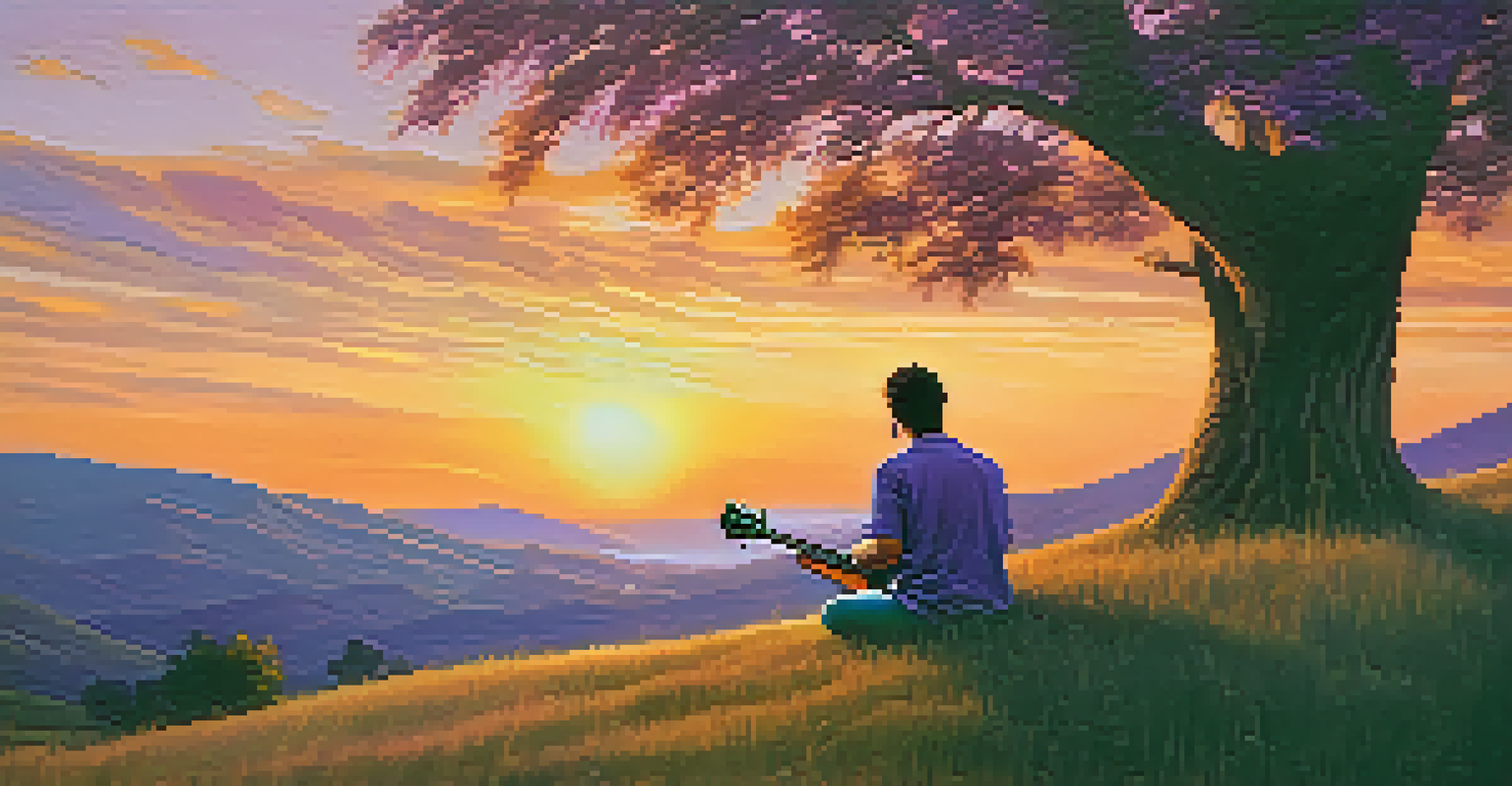 A guitarist sitting on a grassy hill at sunset, playing music with a colorful sky and distant trees in the background.
