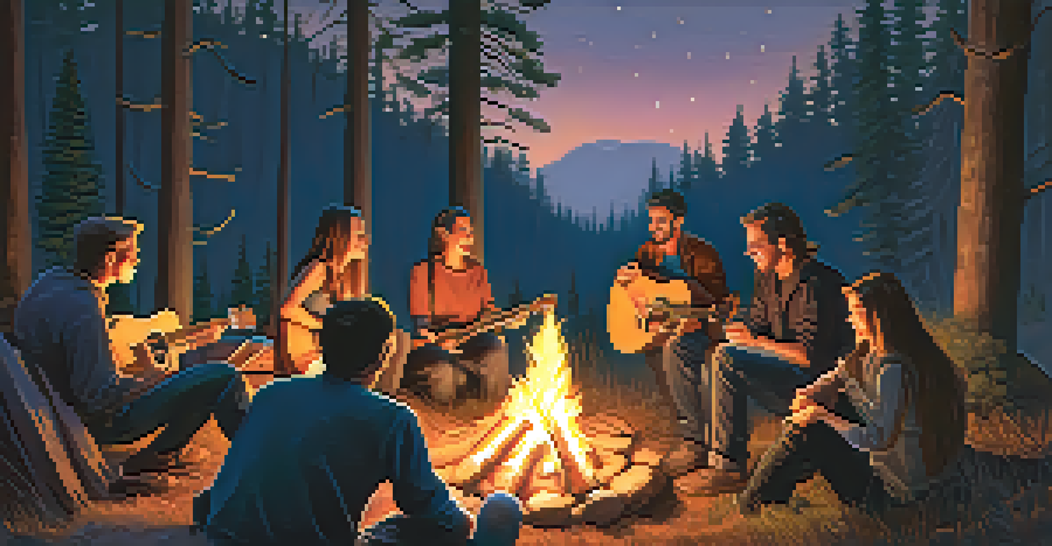 A group of friends sitting in a circle with guitars around a campfire at twilight, sharing music and laughter.