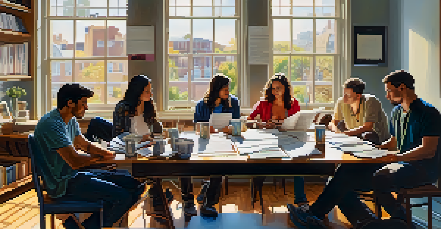 Musicians gathered around a table with sheet music and instruments, brainstorming in a bright and inviting room filled with natural light.