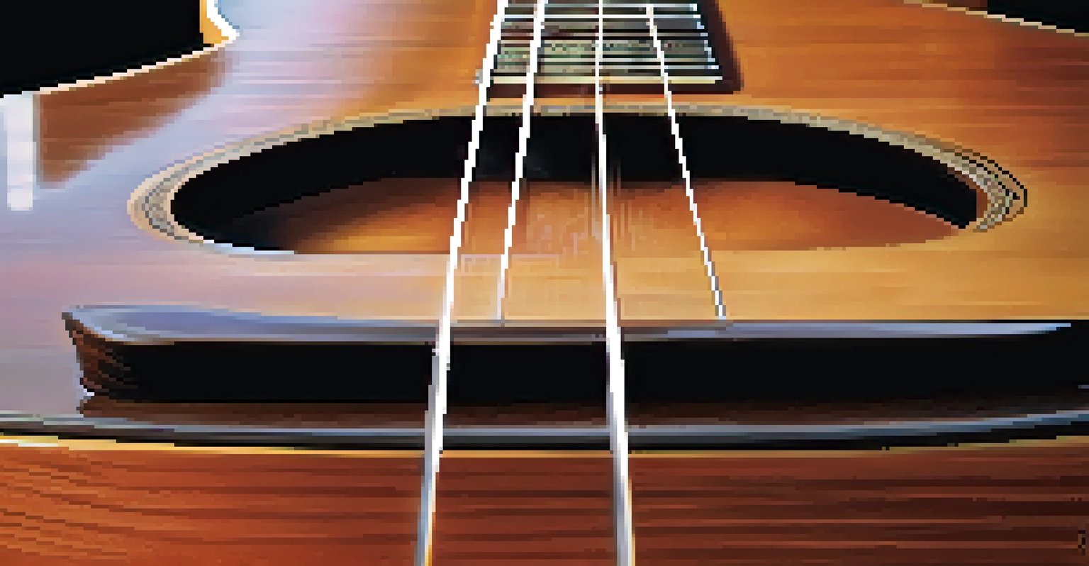 A close-up of a guitar's soundhole and neck on a wooden table, with natural light highlighting the textures.