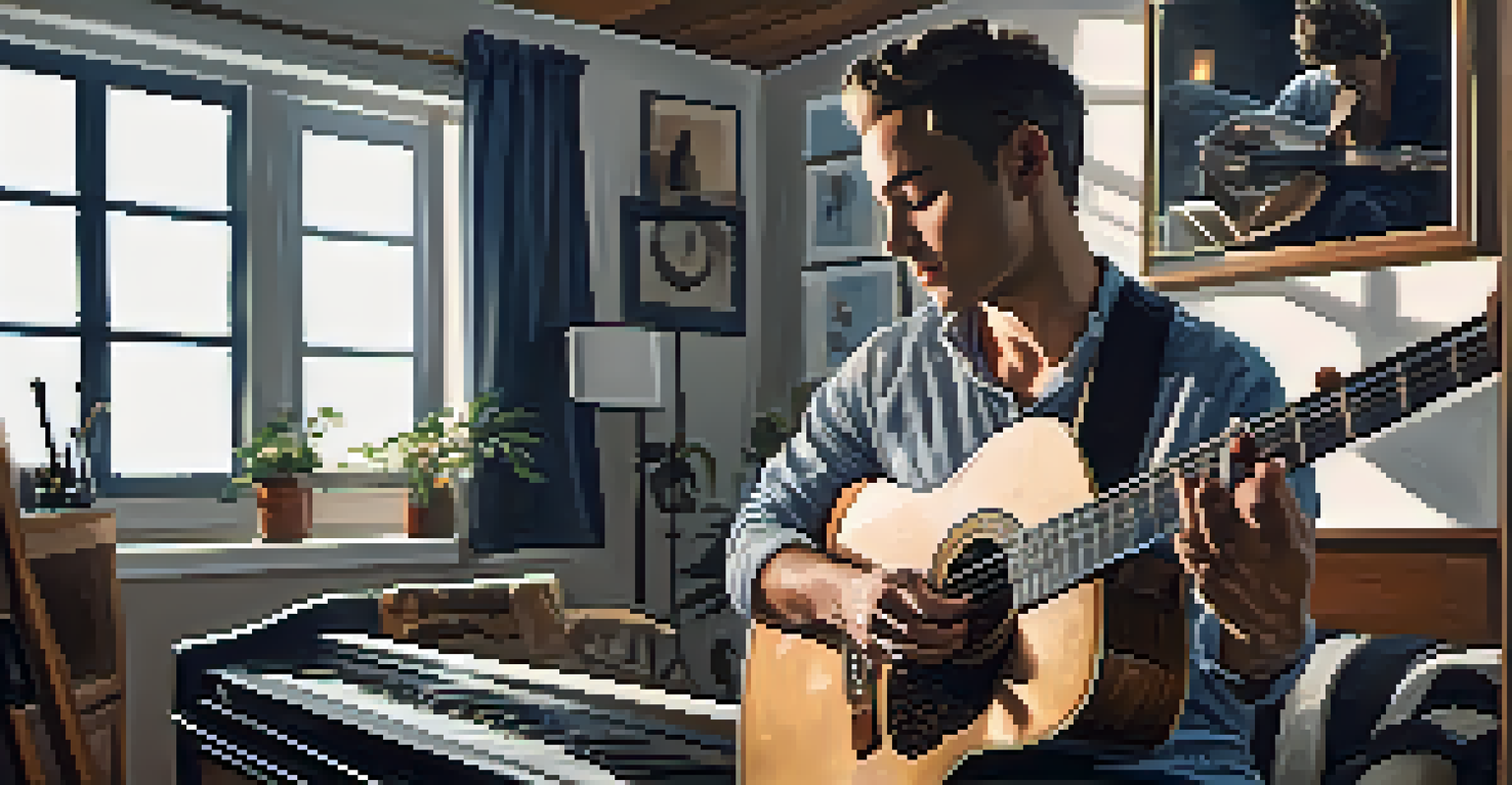 A close-up of a guitarist's hands playing fingerstyle on an acoustic guitar in a cozy home studio filled with music notes.