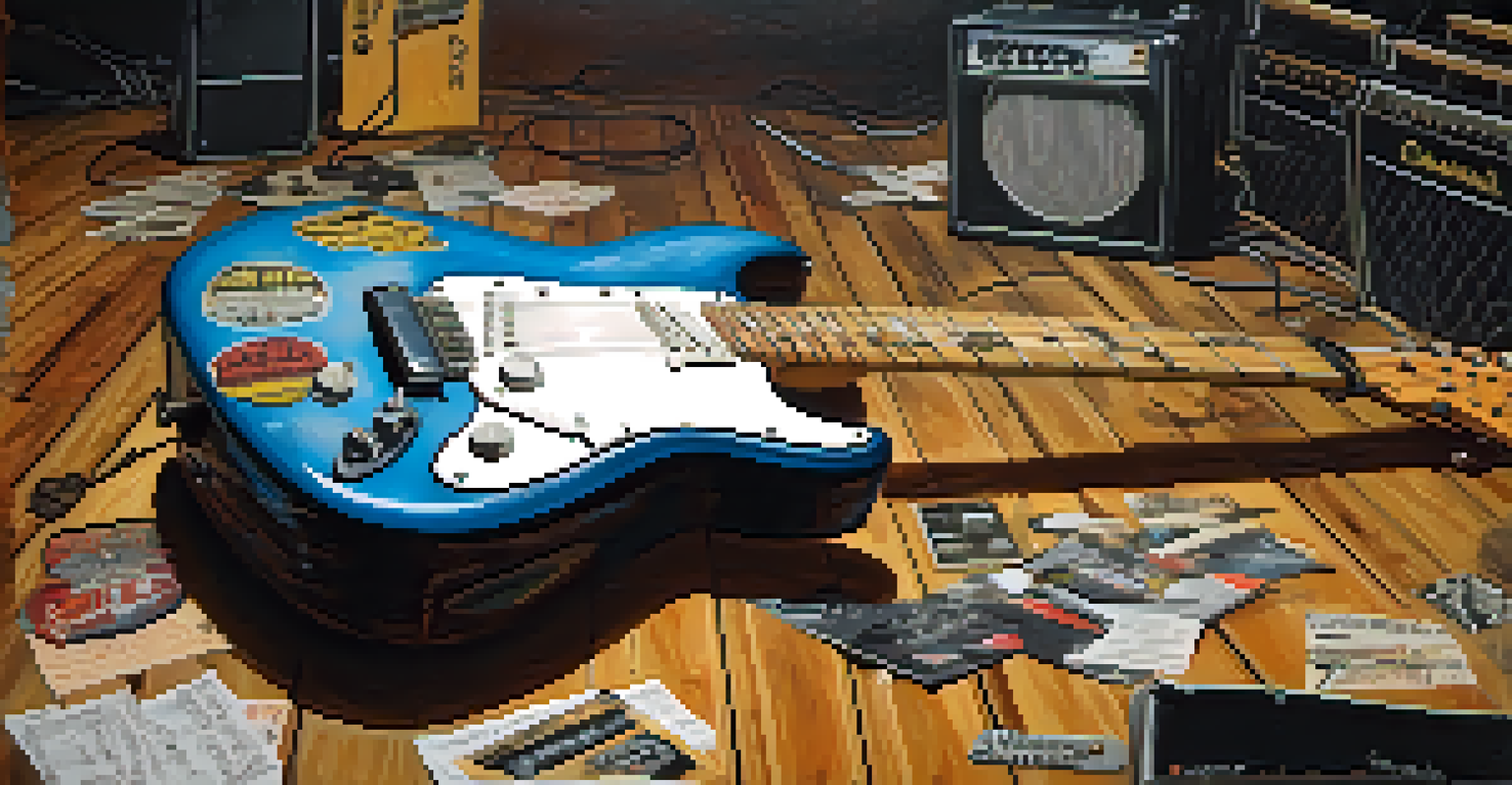 A close-up of a worn electric guitar covered in stickers, set in a dim rehearsal space with music sheets and amplifiers.