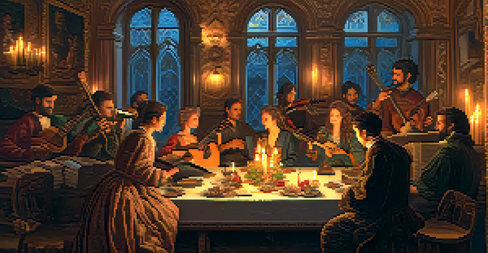 A Renaissance-era room with musicians playing guitars, surrounded by tapestries and candlelight, creating a warm and intimate atmosphere.