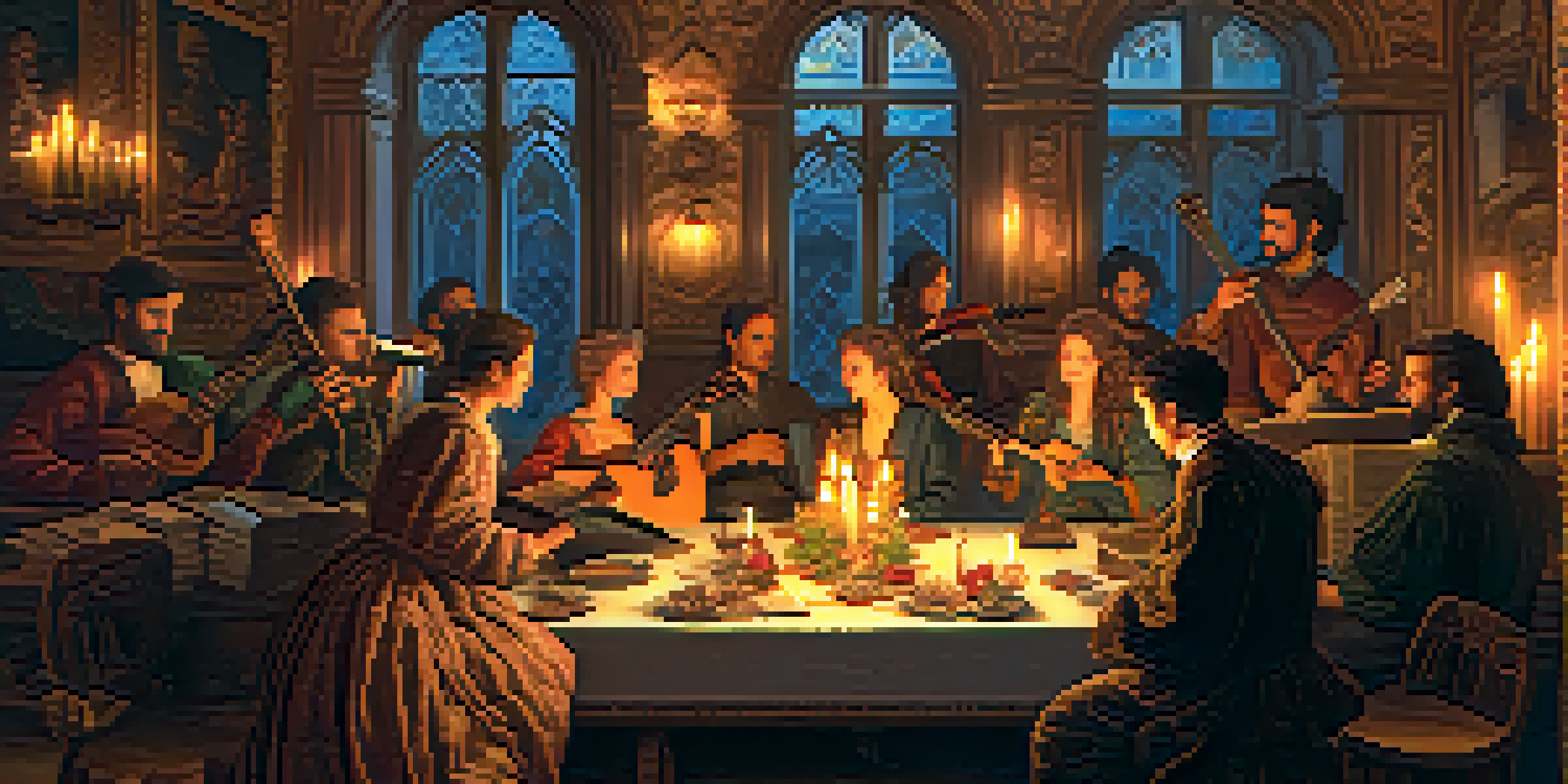 A Renaissance-era room with musicians playing guitars, surrounded by tapestries and candlelight, creating a warm and intimate atmosphere.