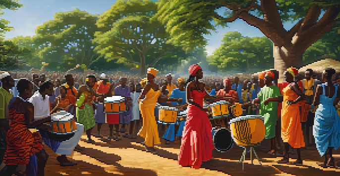 An outdoor gathering with musicians playing drums and guitar, dancers in colorful clothing, and green trees under warm sunlight.