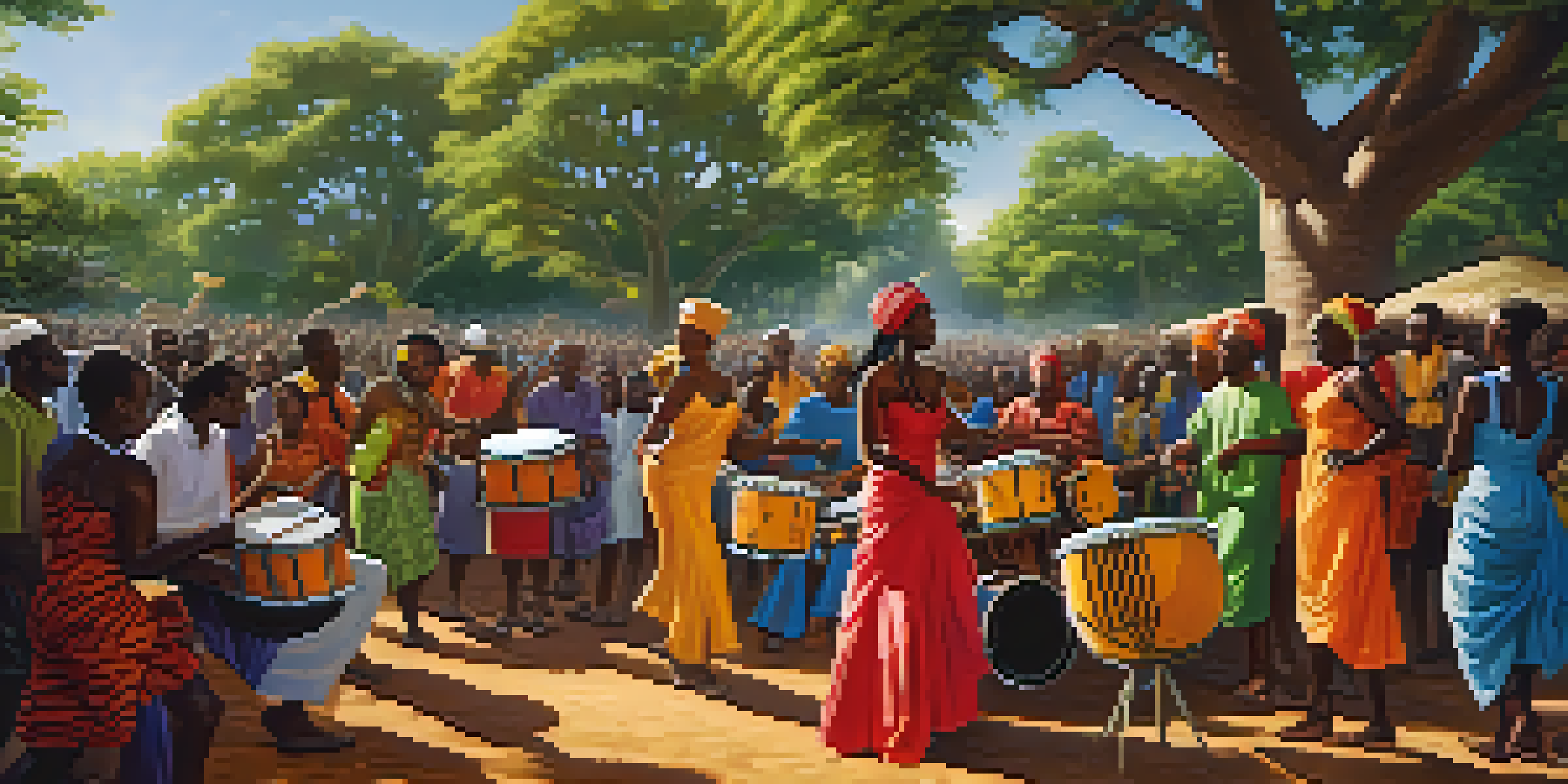 An outdoor gathering with musicians playing drums and guitar, dancers in colorful clothing, and green trees under warm sunlight.