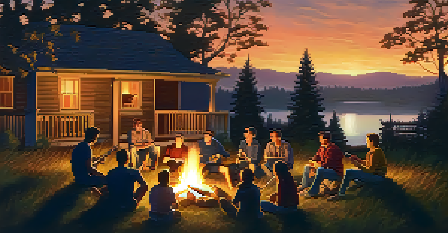 A group of friends gathered around a campfire at dusk, with one person playing a guitar, creating a warm and inviting atmosphere.