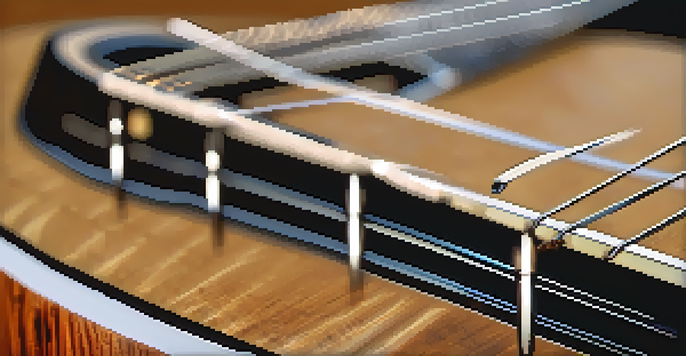 A close-up view of a guitar fretboard with notes labeled on the strings, illuminated by soft natural light.