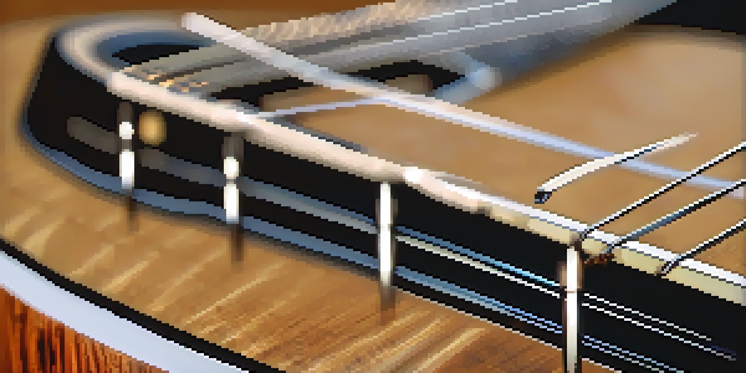 A close-up view of a guitar fretboard with notes labeled on the strings, illuminated by soft natural light.