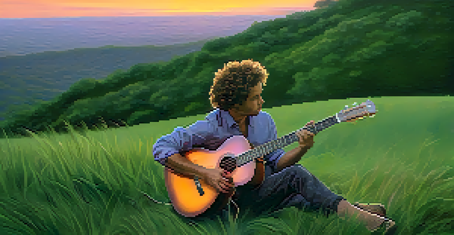 A guitarist sitting on a grassy hill during sunset, playing guitar with a colorful sky in the background.