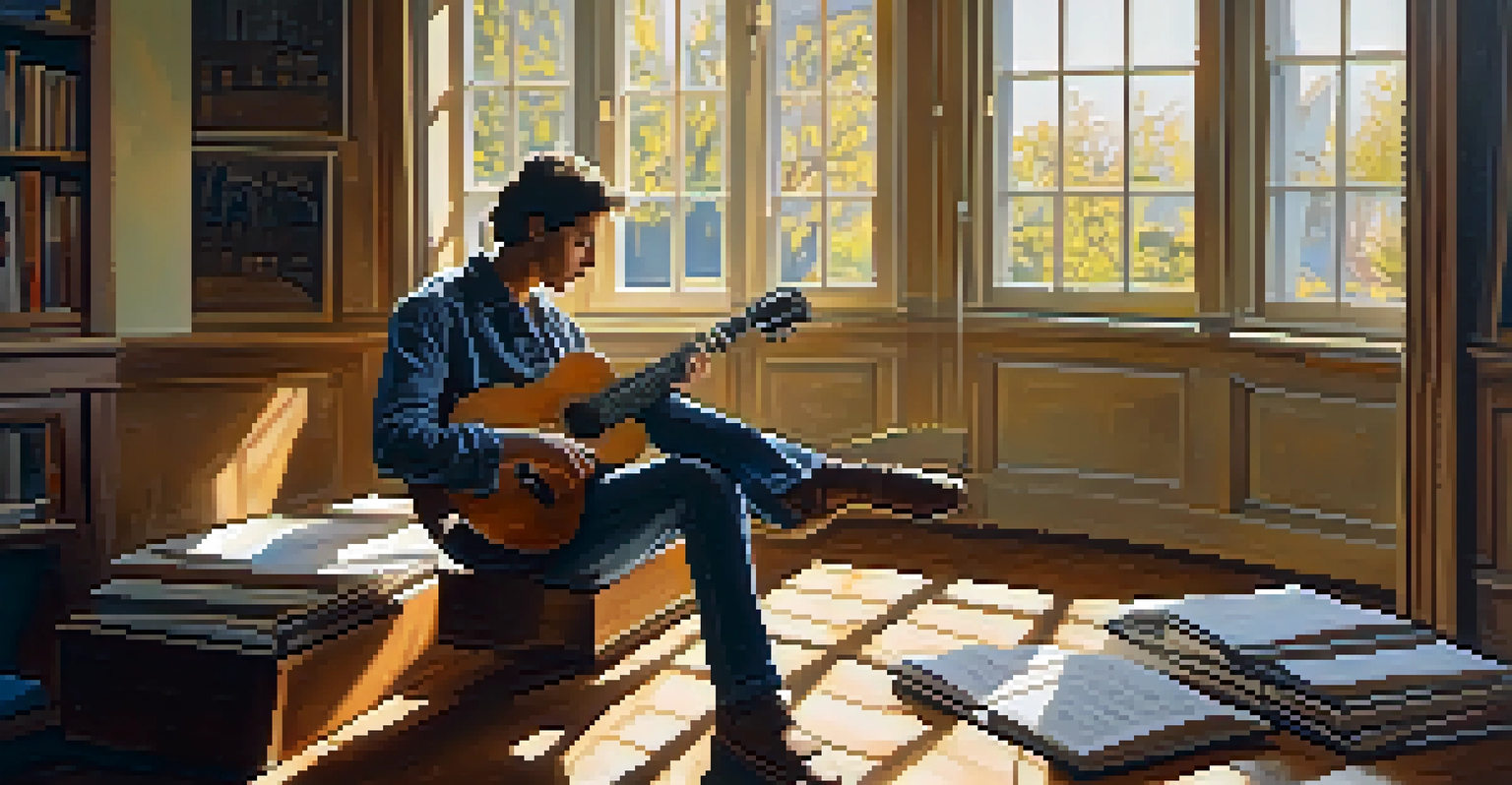 A musician in a sunlit room with a guitar and music sheets, focused on songwriting, with sunlight creating soft shadows.