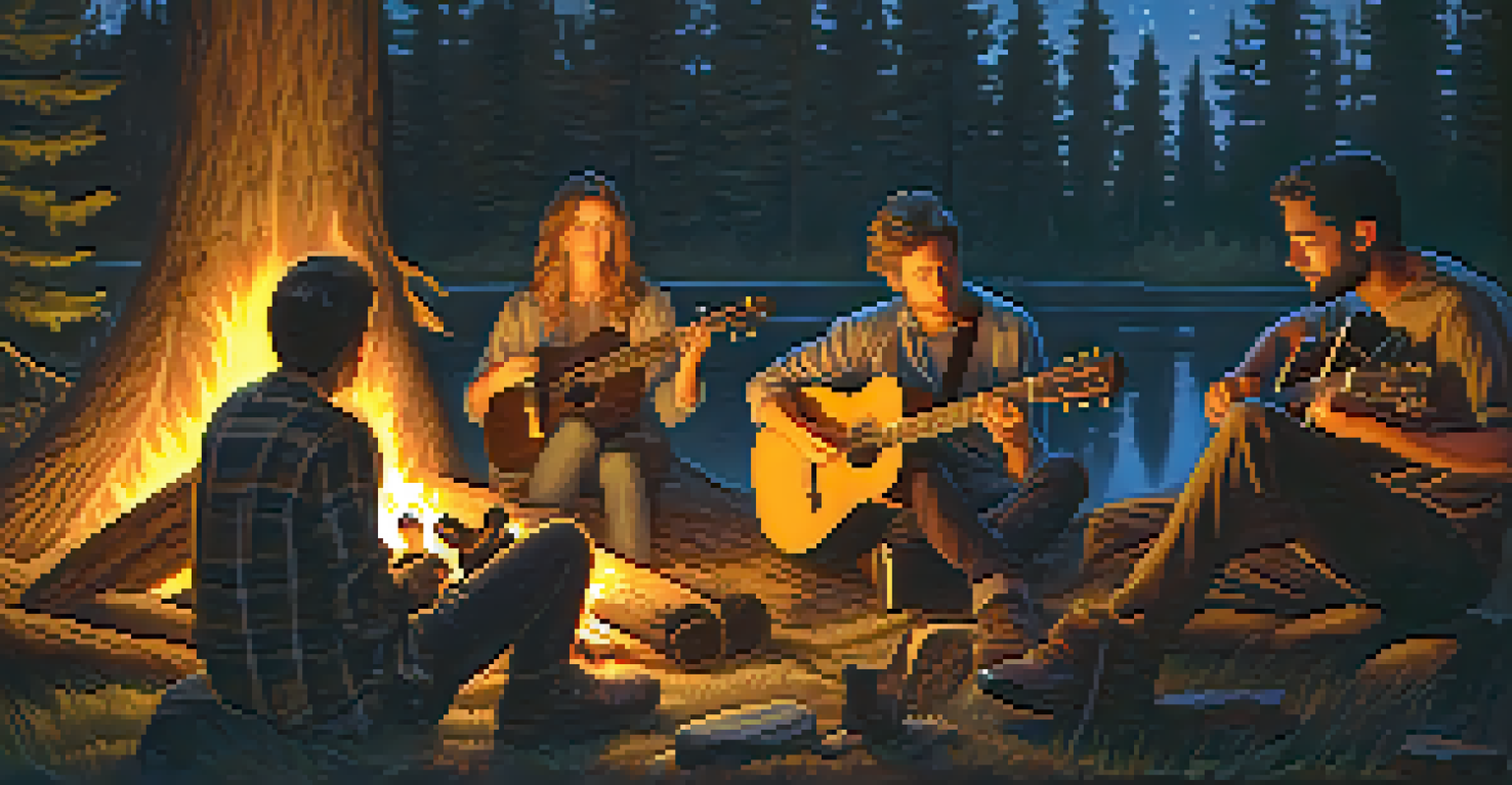 A group of musicians playing guitar around a campfire at night.