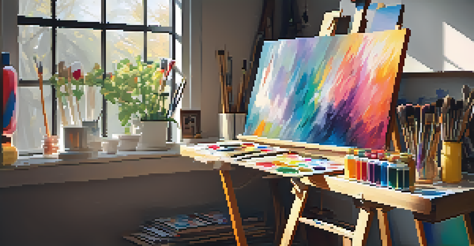 An artist's workspace with an easel, paints, and brushes in natural light.