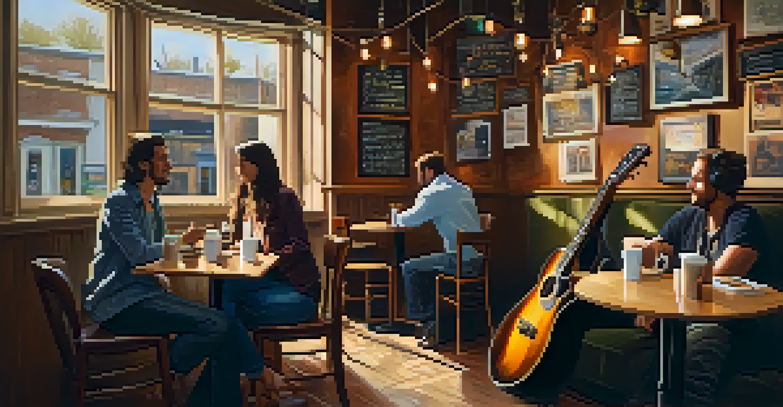 Two musicians talking in a cozy coffee shop filled with guitars and warm lighting.