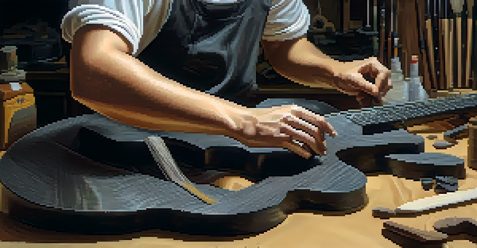 A luthier crafting a carbon fiber guitar in a workshop, focusing on the intricate process.