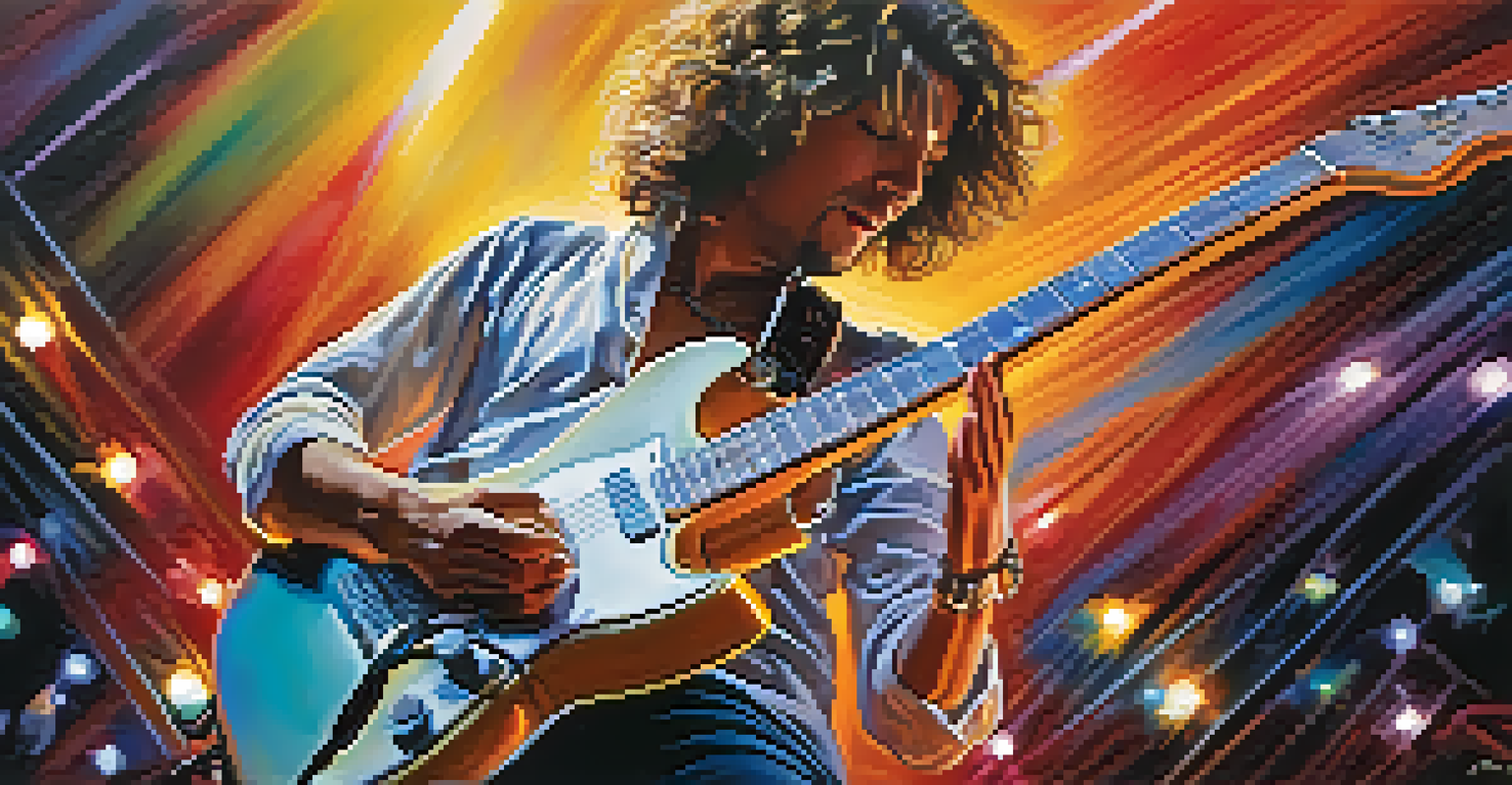 An electric guitar on stage with colorful lights, capturing the energy of a live performance.