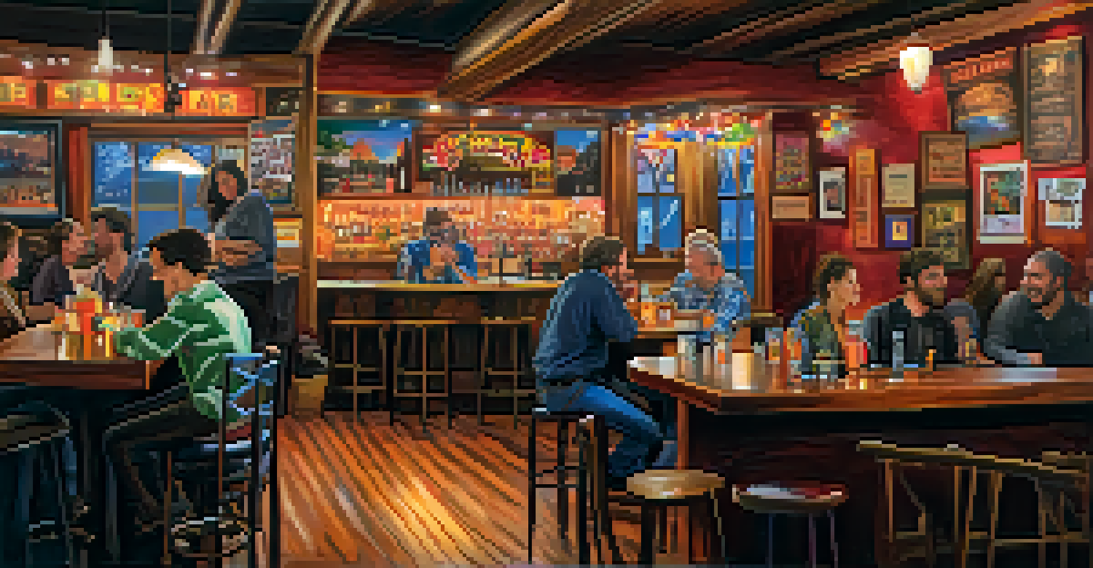 An intimate bar hosting a guitar fundraiser with musicians playing acoustic guitars and patrons enjoying the atmosphere.