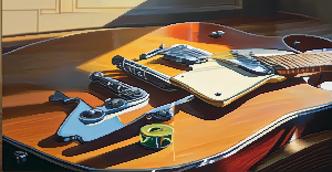 Close-up of an electric guitar on a wooden table with sunlight casting shadows and colorful guitar picks scattered around.