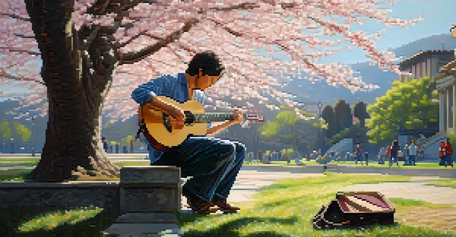 A musician playing guitar under a cherry blossom tree with sunlight filtering through, surrounded by falling petals.
