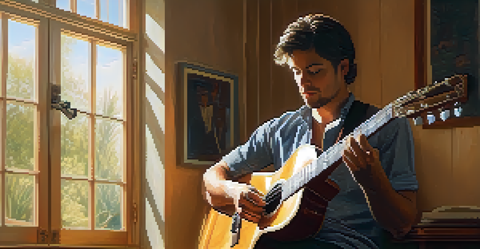 A guitarist practicing palm muting in a cozy room with sunlight streaming through a window, emphasizing the textured wood of the guitar.