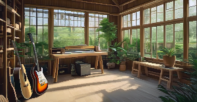 A craftsman in a well-lit workshop shaping a guitar from bamboo wood, surrounded by eco-friendly tools and plants.