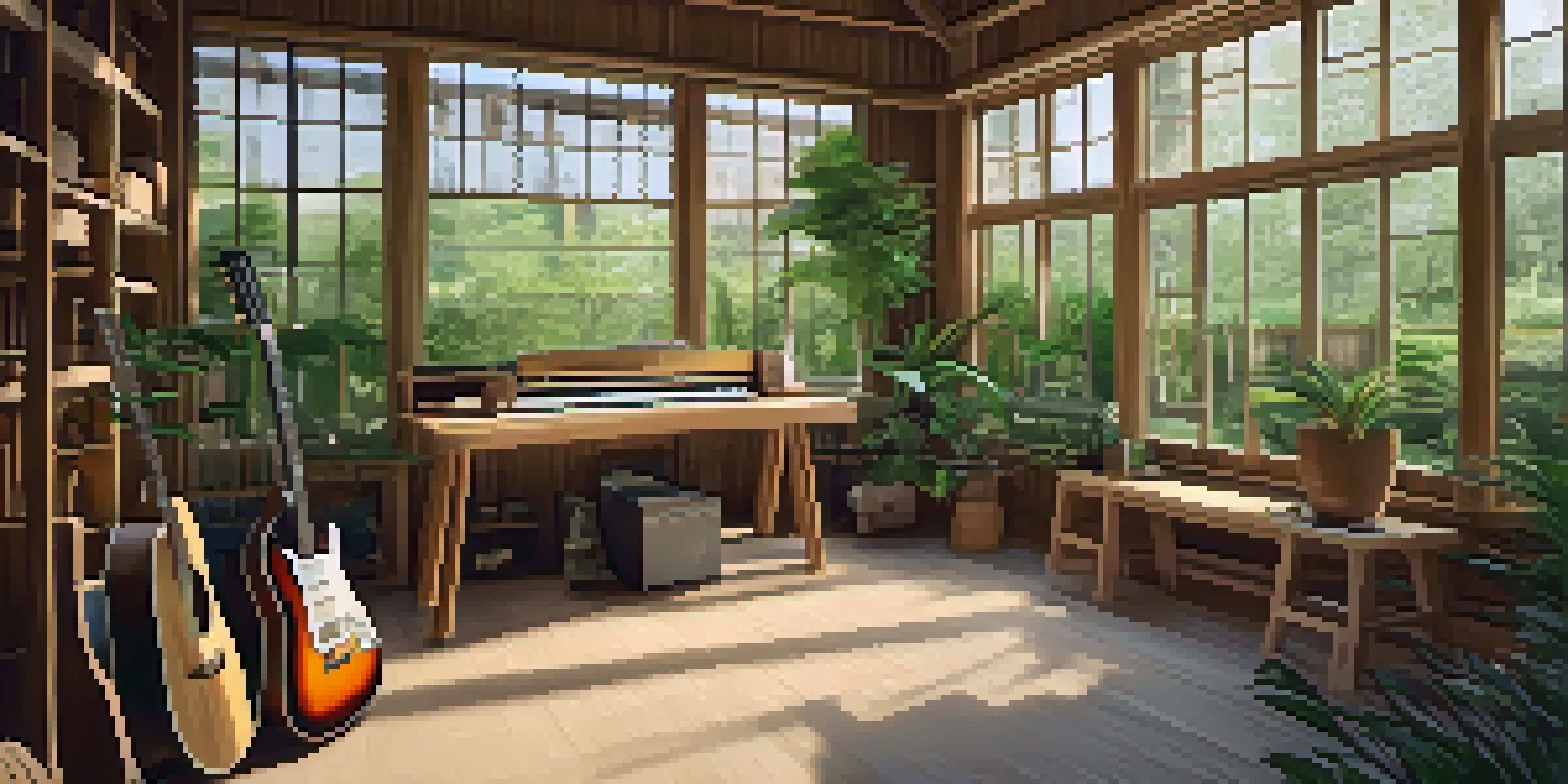 A craftsman in a well-lit workshop shaping a guitar from bamboo wood, surrounded by eco-friendly tools and plants.