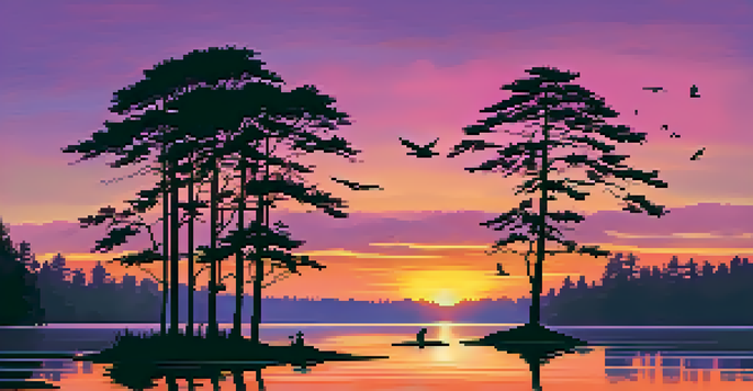 A peaceful sunset over a lake, with colorful reflections and silhouettes of trees.