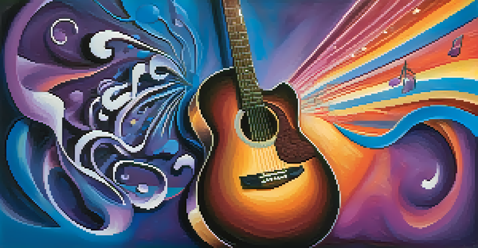 An abstract representation of musical notes and guitar scales swirling around a guitar in vibrant colors.