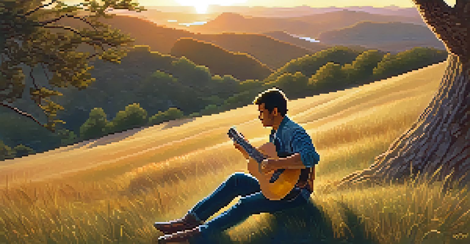 A guitarist playing on a grassy hill at sunset, surrounded by nature, with warm colors of the sunset enhancing the scene.