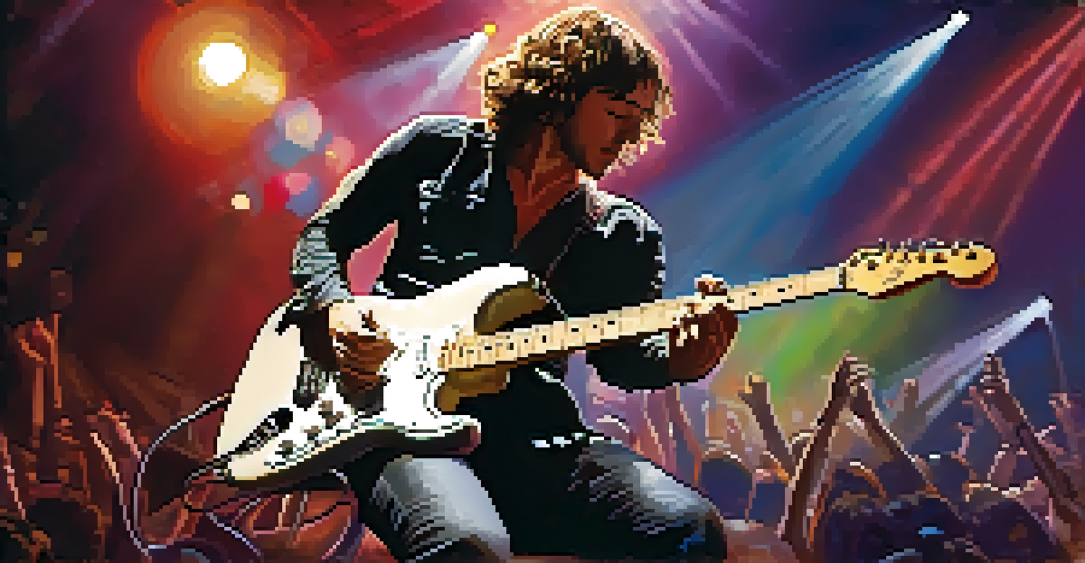 A musician energetically playing a Fender Stratocaster on stage with colorful lights and a lively crowd in the background.