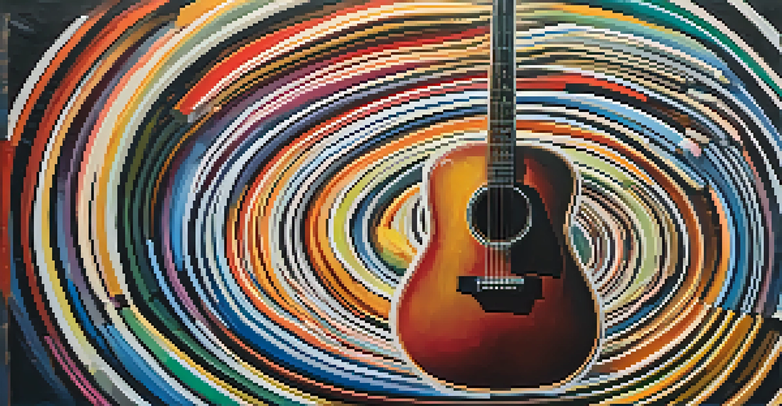 An abstract depiction of sound waves from a guitar with swirling colors and musical symbols, representing the emotional impact of music.