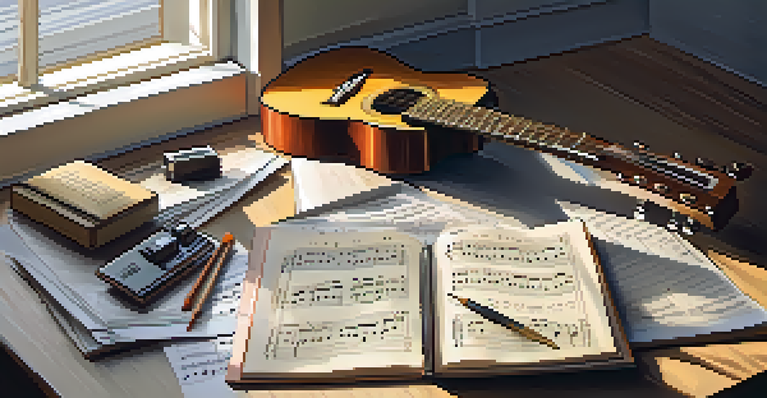 An overhead view of a workspace with a guitar, sheet music, and a notebook, illuminated by natural light.