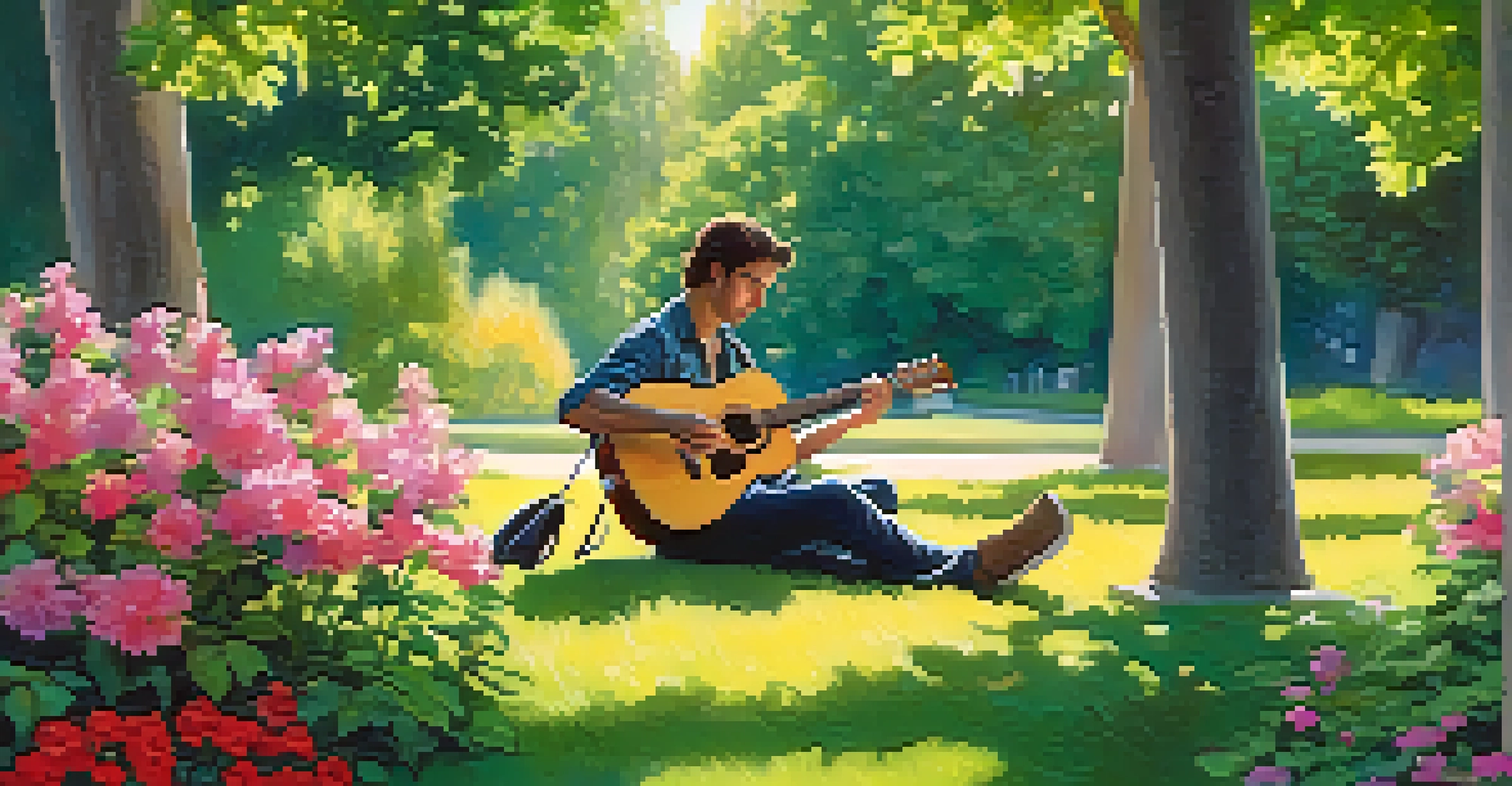 A guitarist in a park tuning their guitar with a digital tuner, surrounded by greenery and flowers.