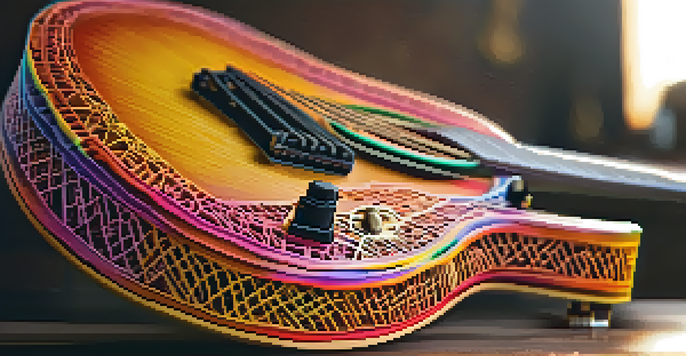 A detailed view of a colorful 3D printed guitar in a music studio.