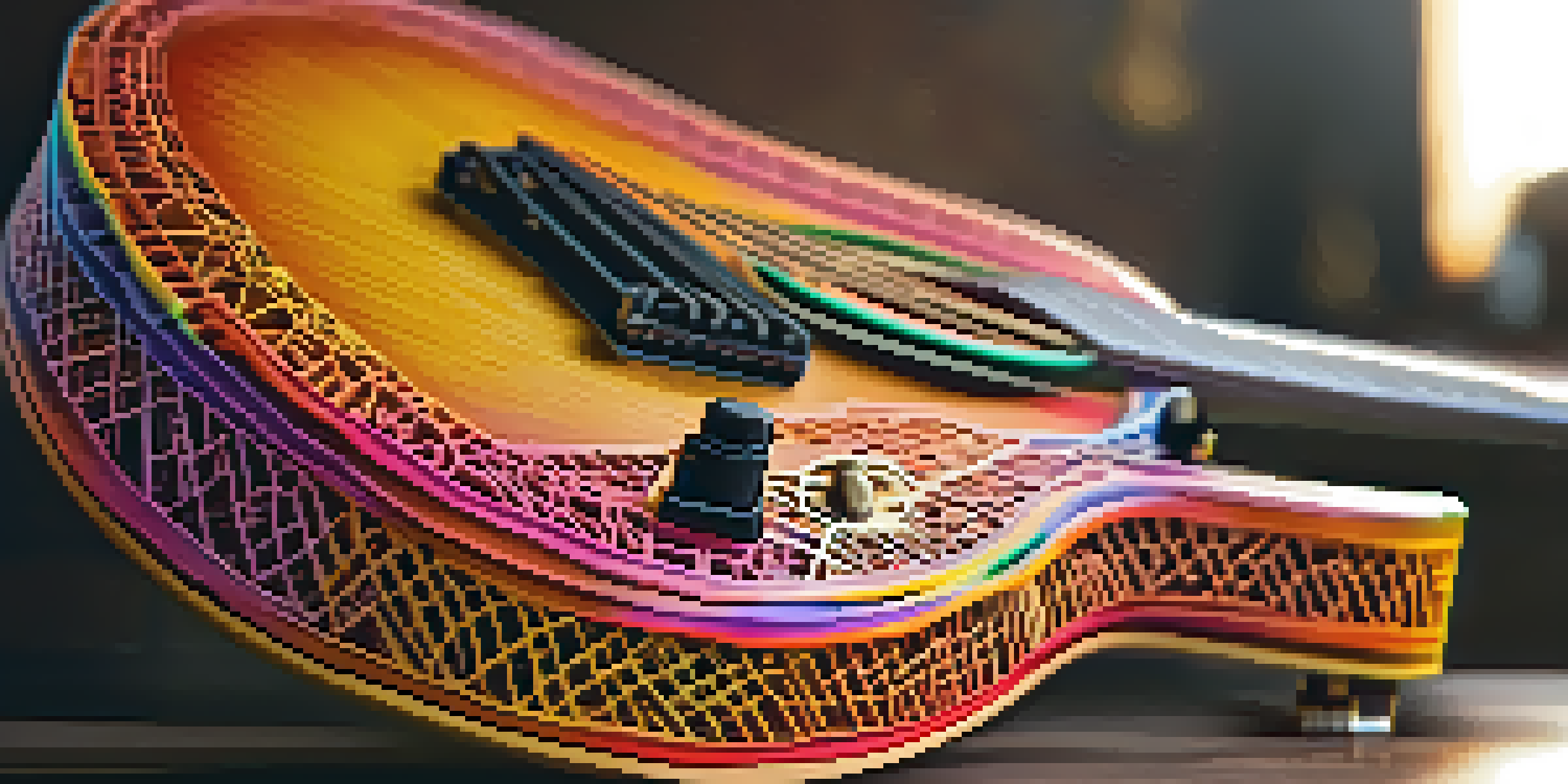 A detailed view of a colorful 3D printed guitar in a music studio.