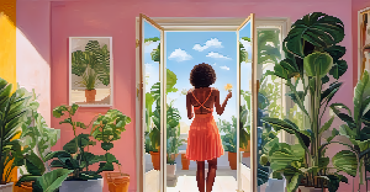 A young woman confidently speaks positive affirmations to her reflection in a mirror, surrounded by motivational quotes and a bright, cheerful room filled with plants.