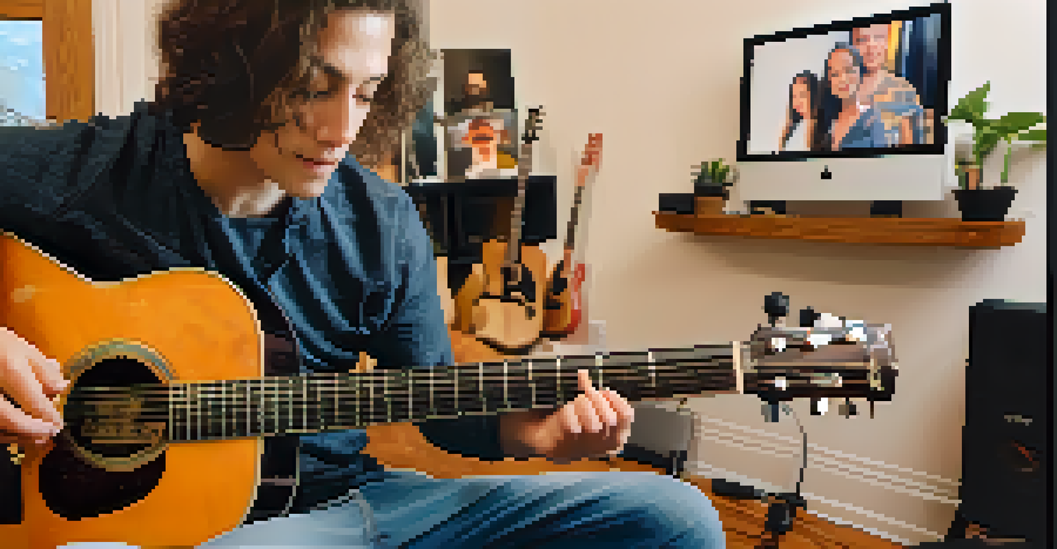An online guitar lesson with an instructor in a home studio, surrounded by guitars and students on screen.
