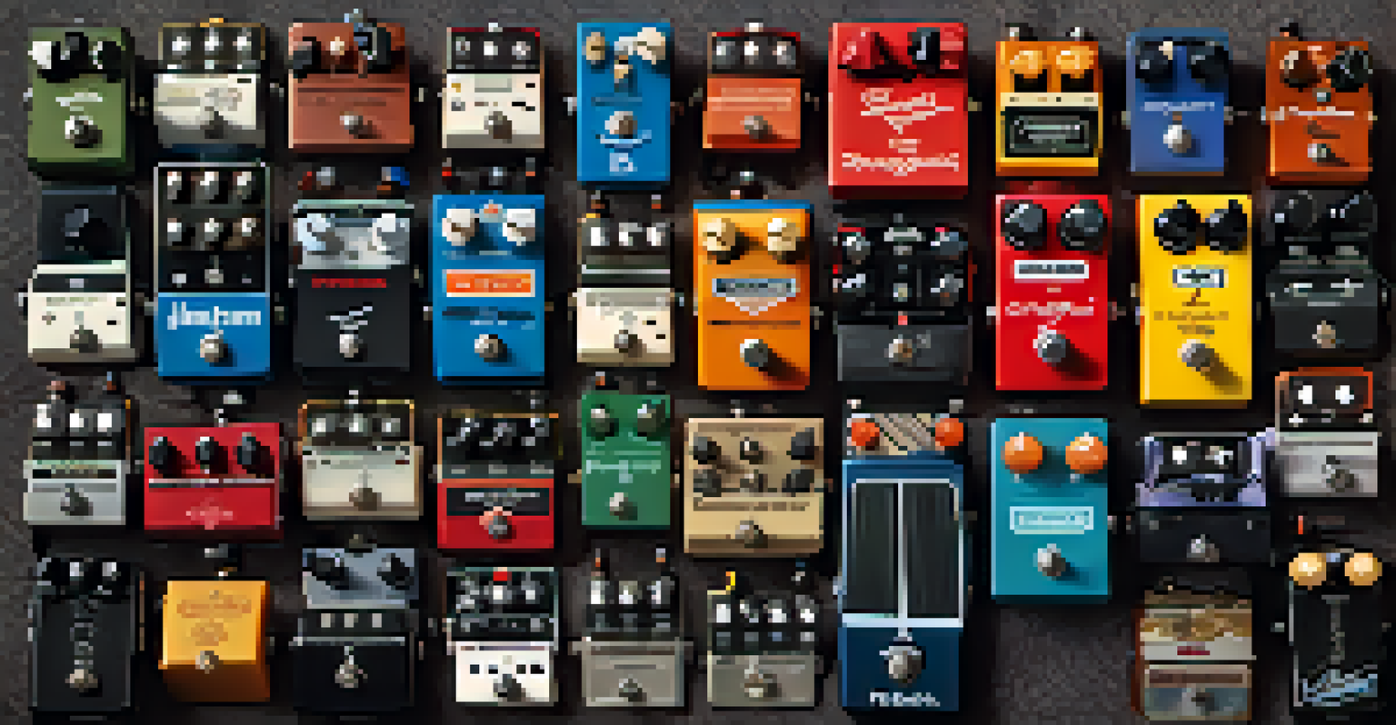 An overhead view of colorful guitar effects pedals arranged on textured fabric, showcasing their unique designs.