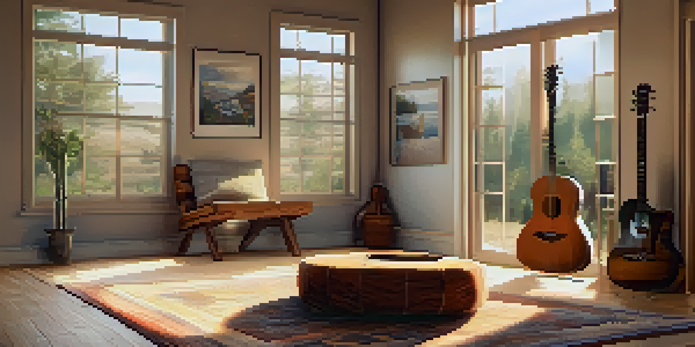 A cozy room with a high ceiling, an acoustic guitar on a wooden chair, illuminated by soft afternoon light from a large window.