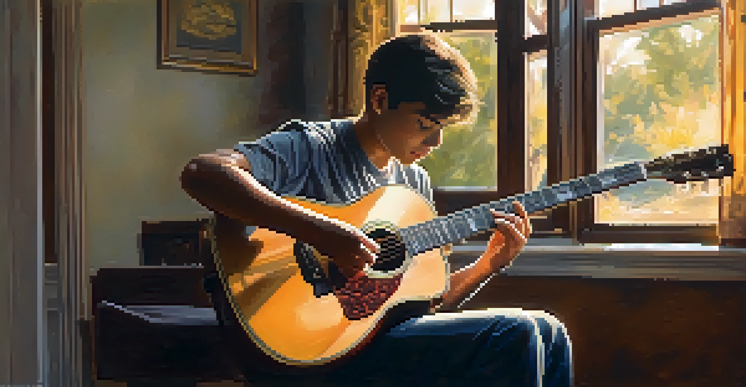 A guitarist wiping down an electric guitar in a cozy room, with evening light highlighting the guitar and the musician's focused expression.
