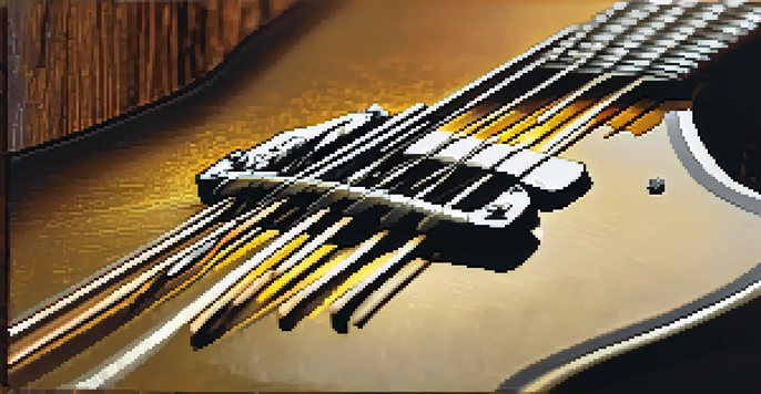 A detailed view of a bass guitar on a stage, highlighted by a golden spotlight, with blurred band silhouettes in the background.