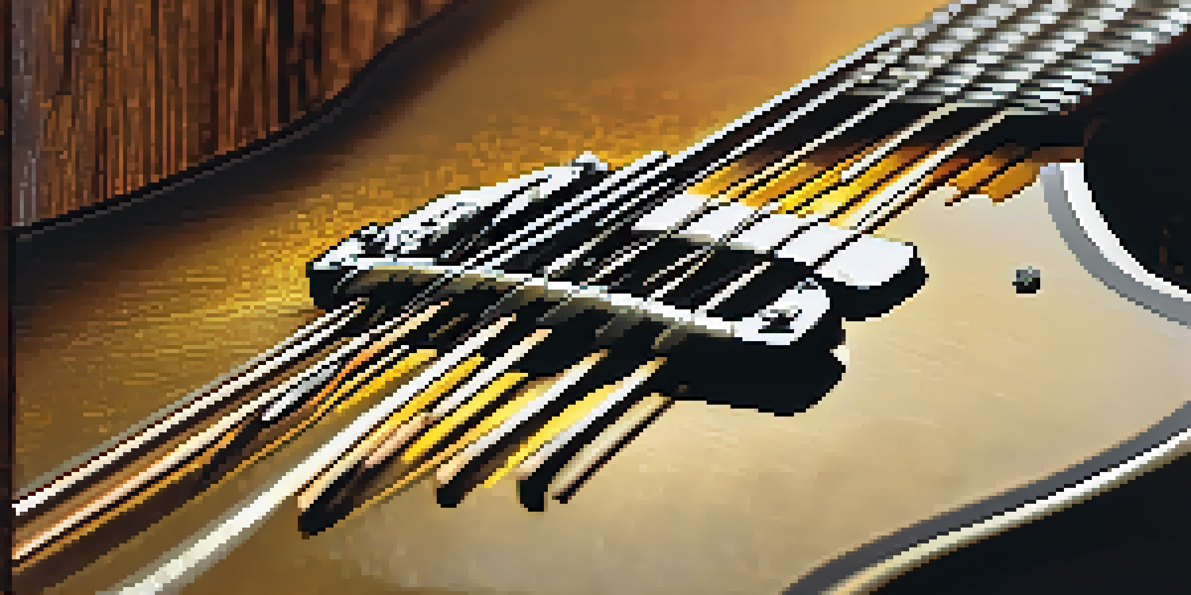 A detailed view of a bass guitar on a stage, highlighted by a golden spotlight, with blurred band silhouettes in the background.