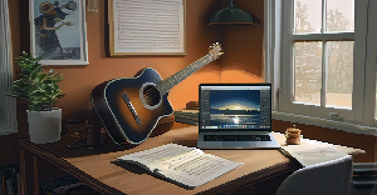 An artist's workspace with a guitar, sheet music, and a laptop displaying a guitar tutorial in warm lighting.