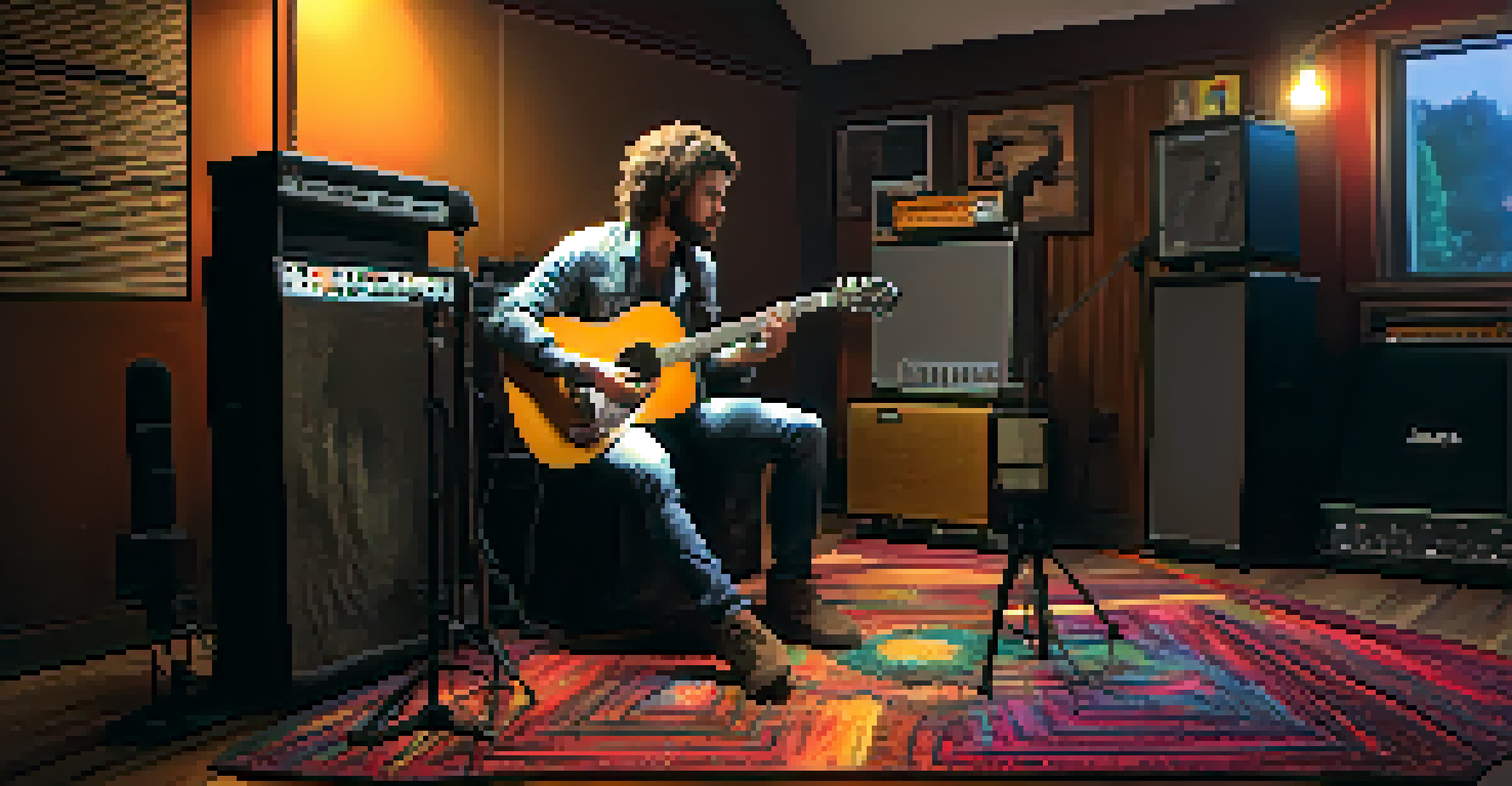 An artist in a recording studio adjusting an amplifier with an electric guitar, surrounded by acoustic panels and effects pedals.
