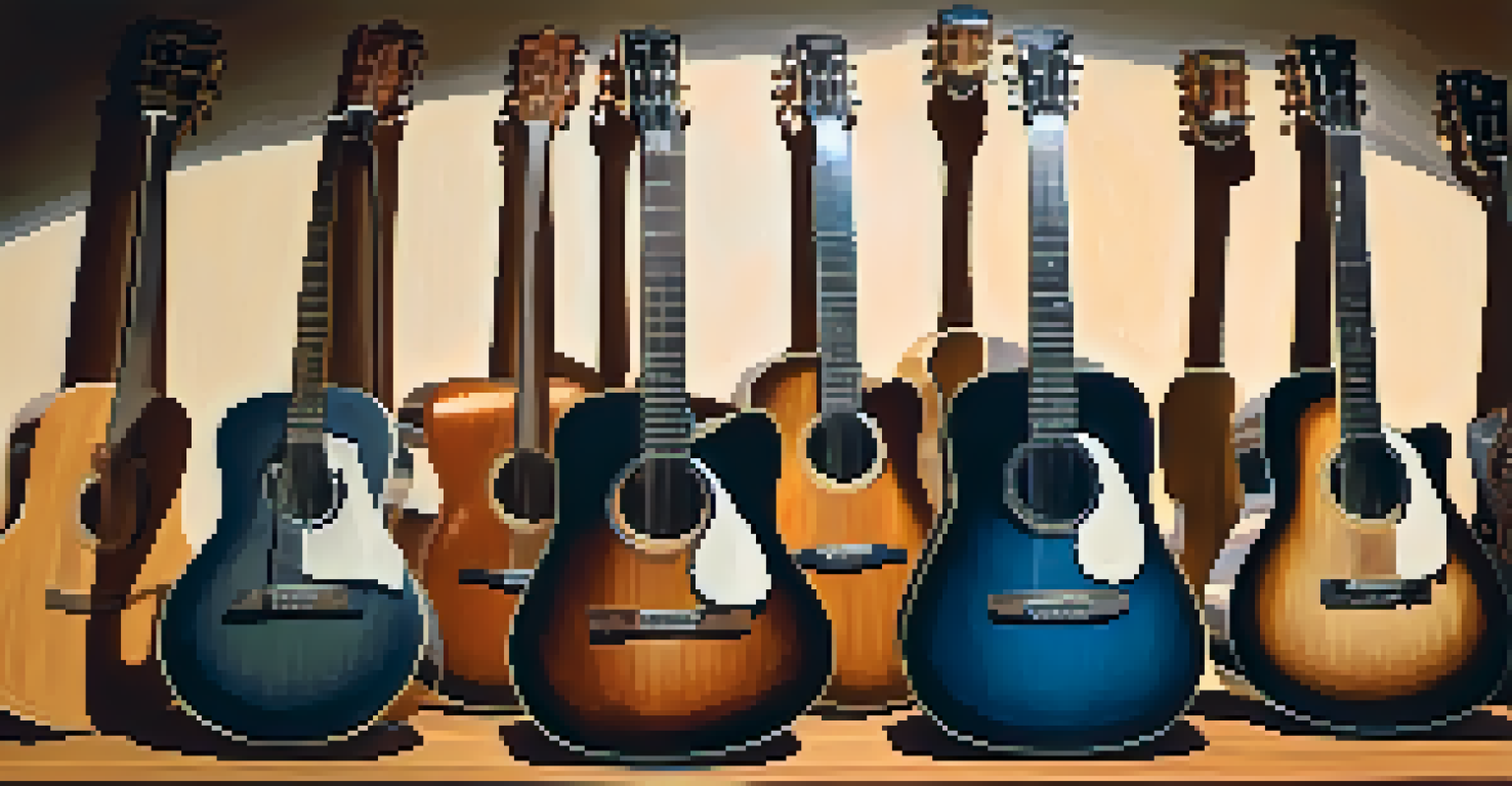 A collection of different guitar body shapes displayed on a table with picks and sheet music, illuminated by soft lighting.
