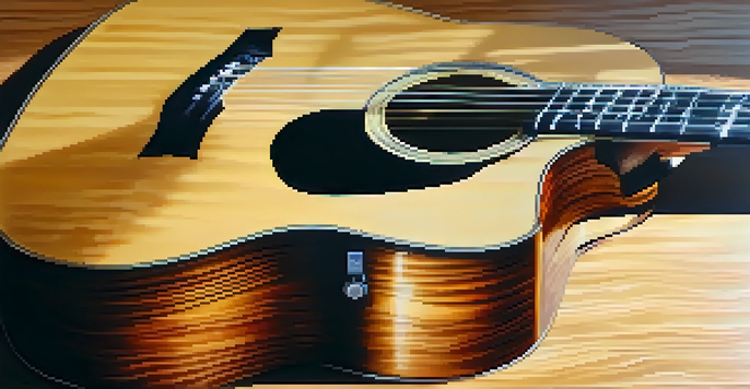 A close-up view of a well-maintained acoustic guitar on a wooden table, illuminated by sunlight, with a cloth beside it.