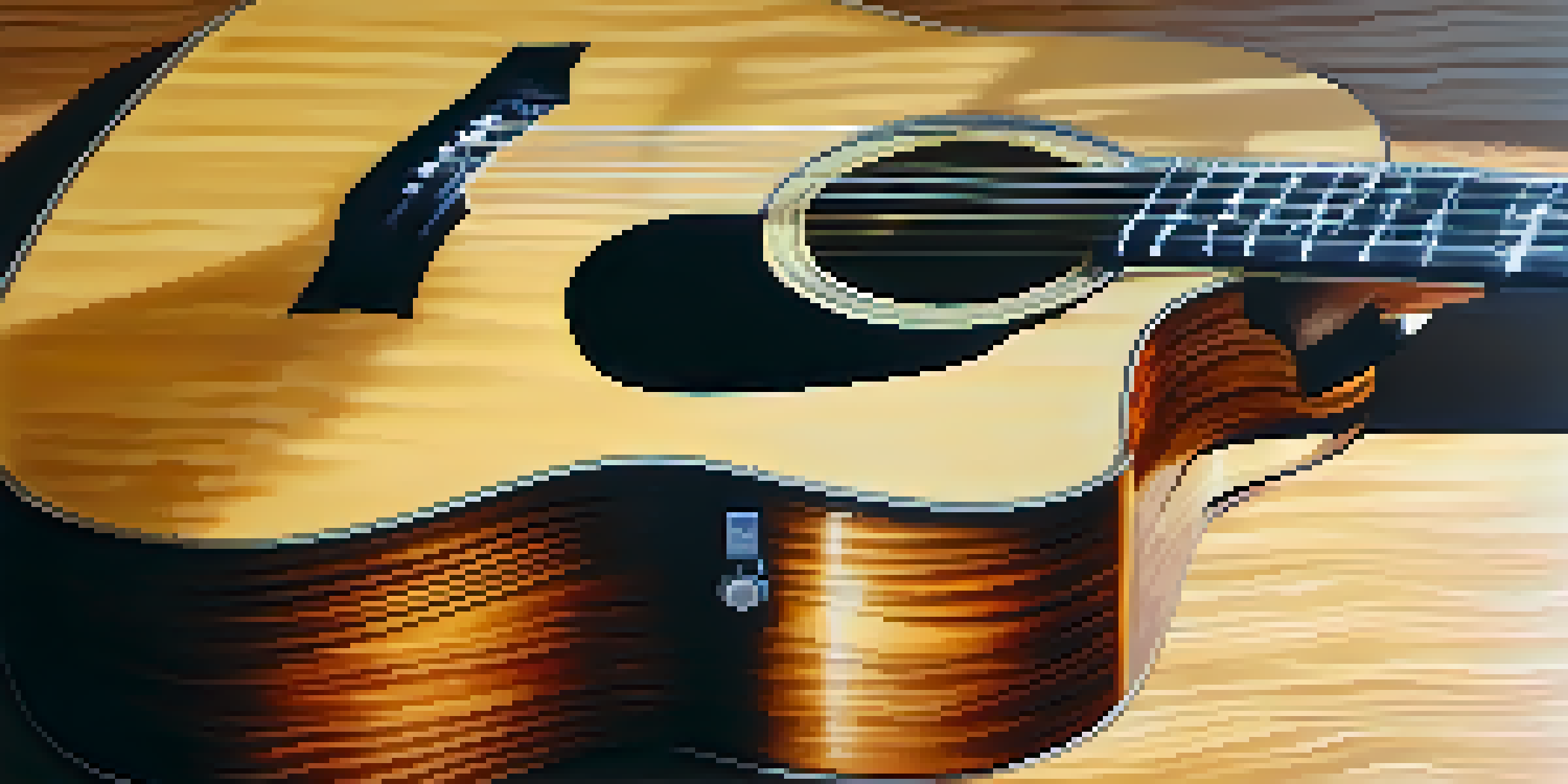 A close-up view of a well-maintained acoustic guitar on a wooden table, illuminated by sunlight, with a cloth beside it.
