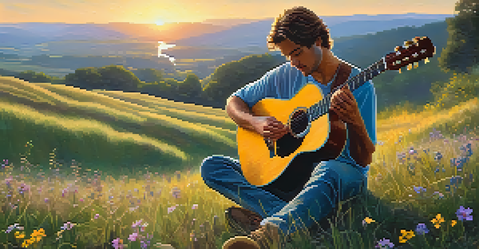 A guitarist sitting on a grassy hill during sunset, playing fingerstyle guitar with wildflowers around and warm golden light illuminating the scene.