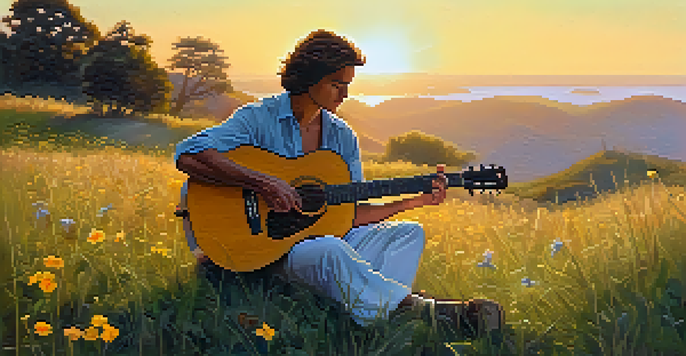 A guitarist sitting on a grassy hill with wildflowers, playing as the sun sets behind them, creating a warm golden light.